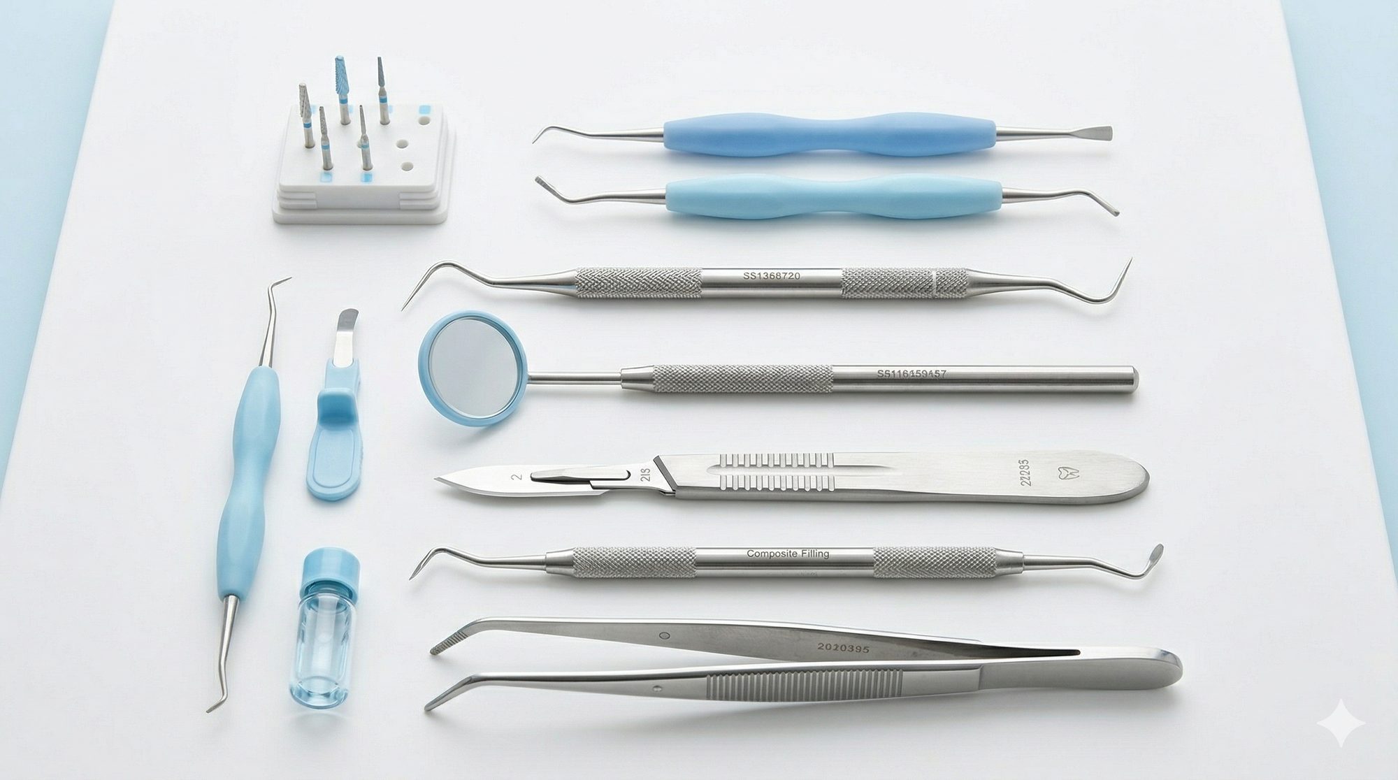 Instrumental odontológico preparado sobre mesada clínica
